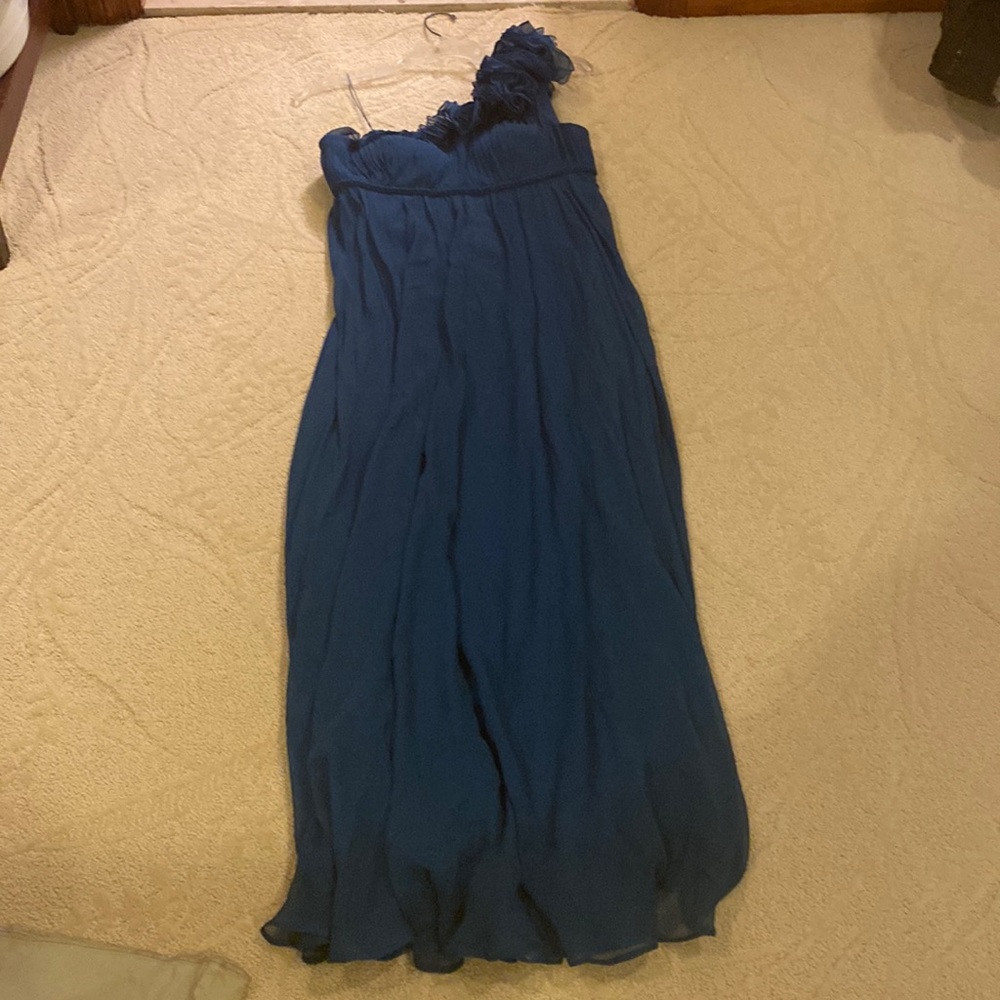 One shoulder blue long dress